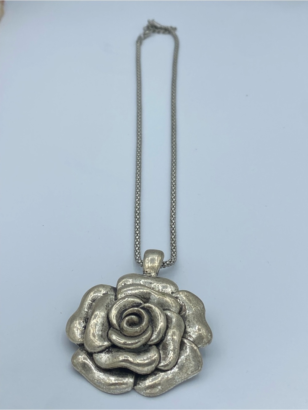 Silver Tone Rose Pendant with Matching Chain Necklace